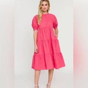 English Factory pink tiered Puff short Sleeve midi dress size XS